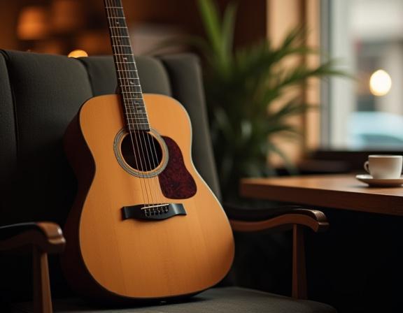 Eine Akustikgitarre lehnt in einer gemütlichen Ecke des Cafés.