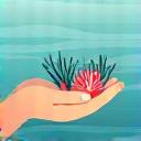 Symbol einer schützenden Hand über einer Koralle
